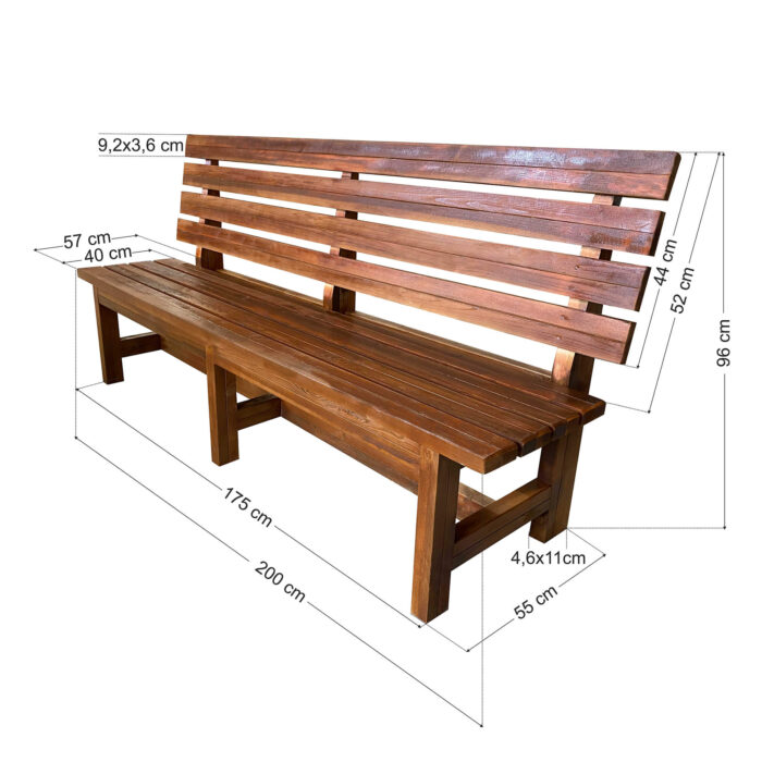 Ξύλινο Παγκάκι Κήπου 4 ατόμων 200x55x96cm - βαρέως τύπου - Image 2